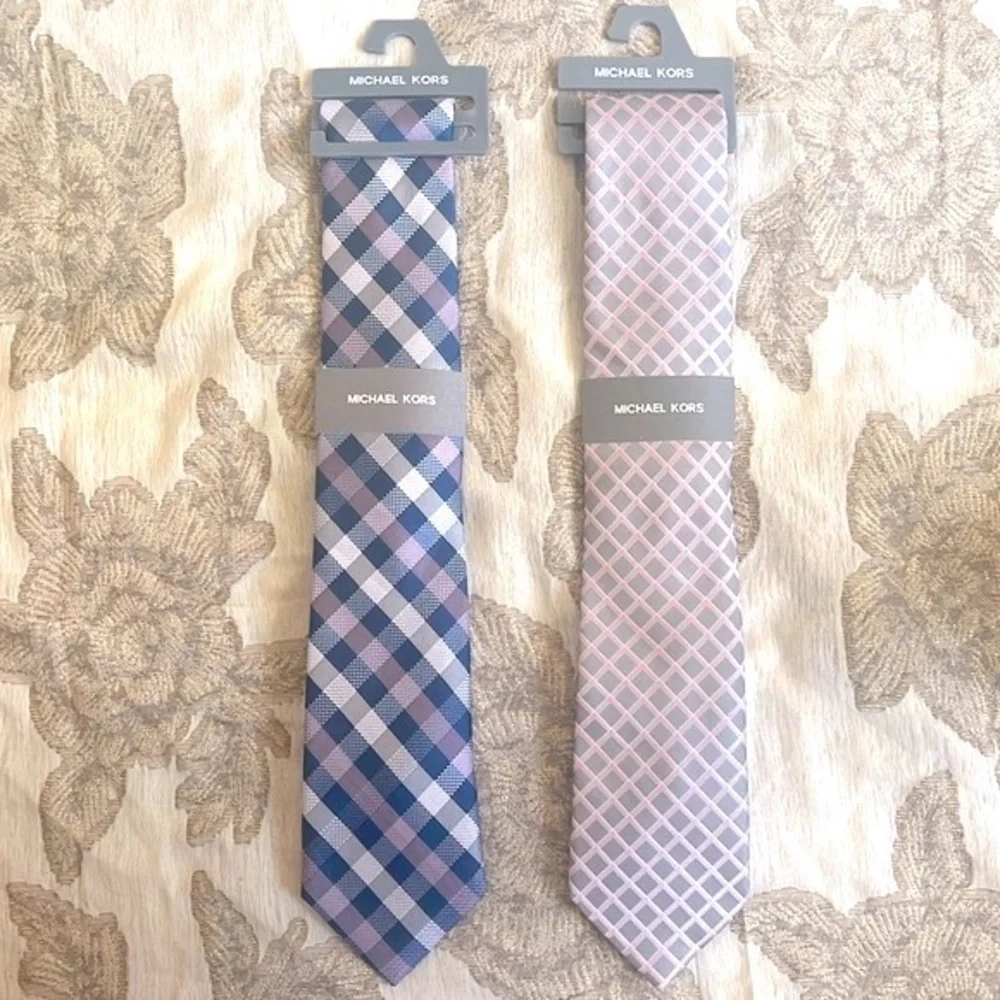 Brand New Michael Kors Set of 2 Ties Checkered Plaid Satin Sheen Business Office